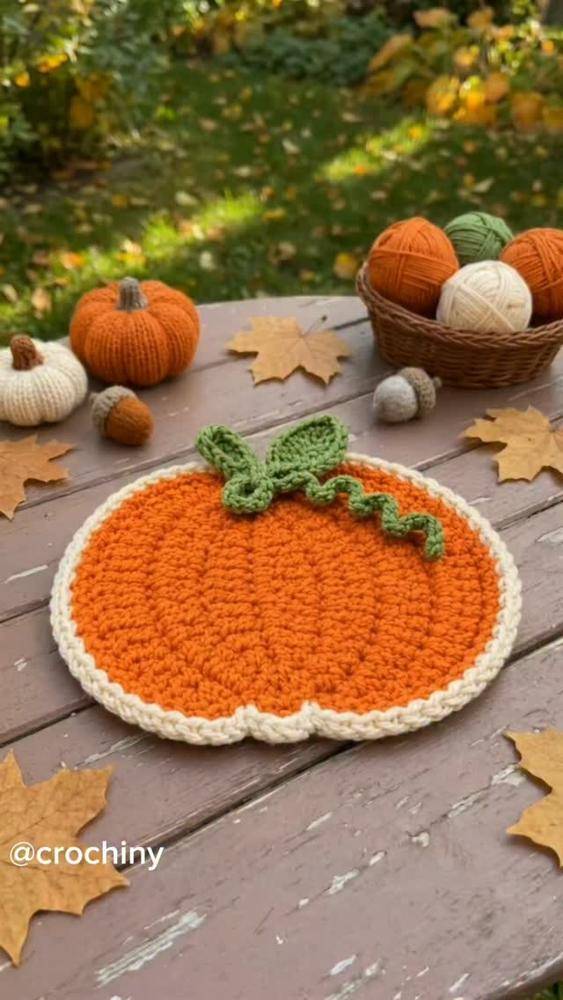 Crocheted Pumpkin Trivet and Acorn Accent
