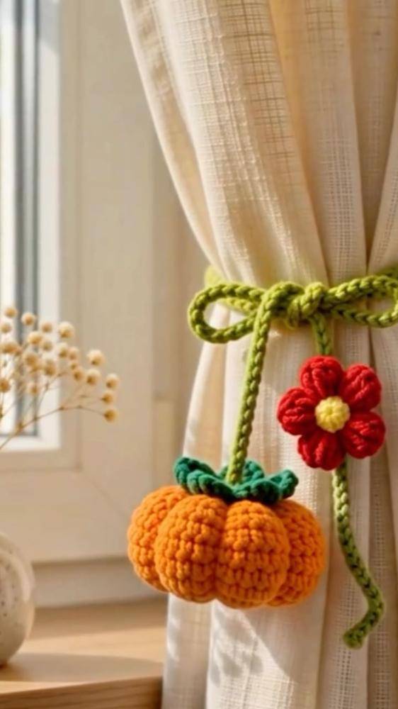 Crocheted Pumpkin and Flower Curtain Tie-Backs