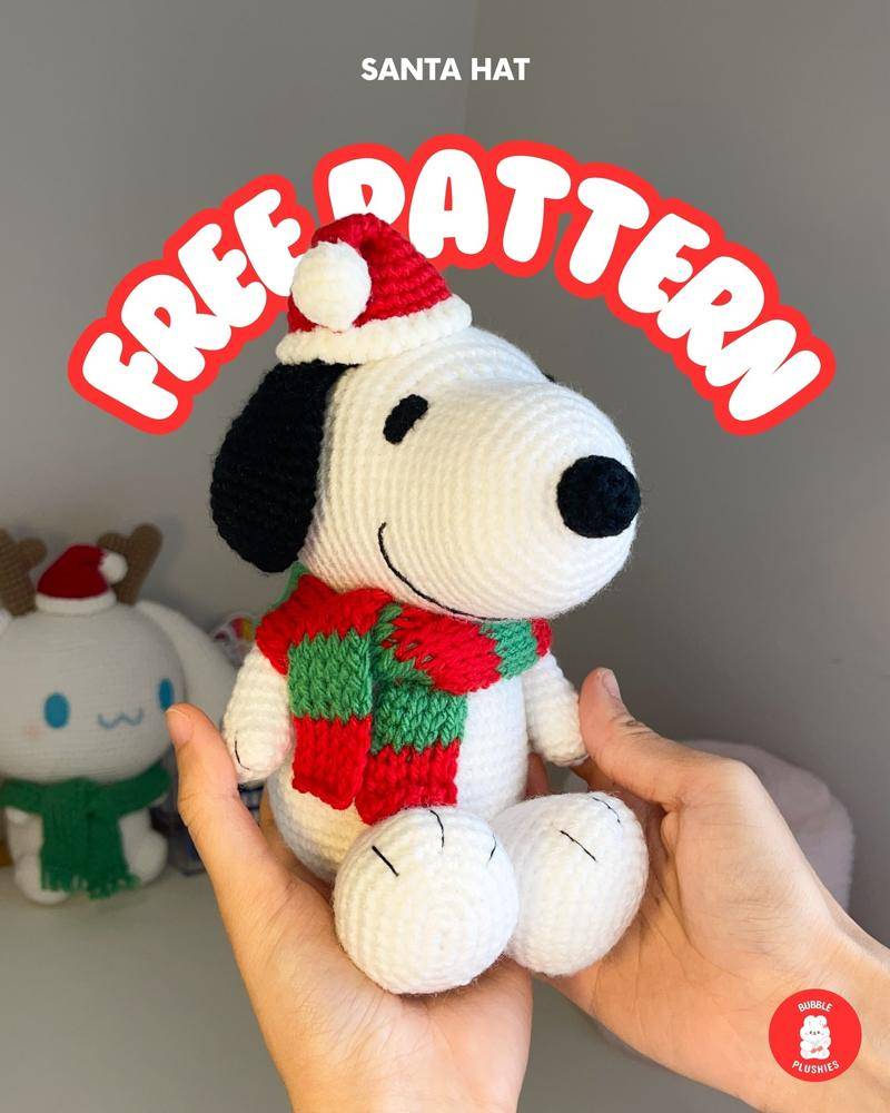 Crocheted Snoopy with Santa Hat and Scarf
