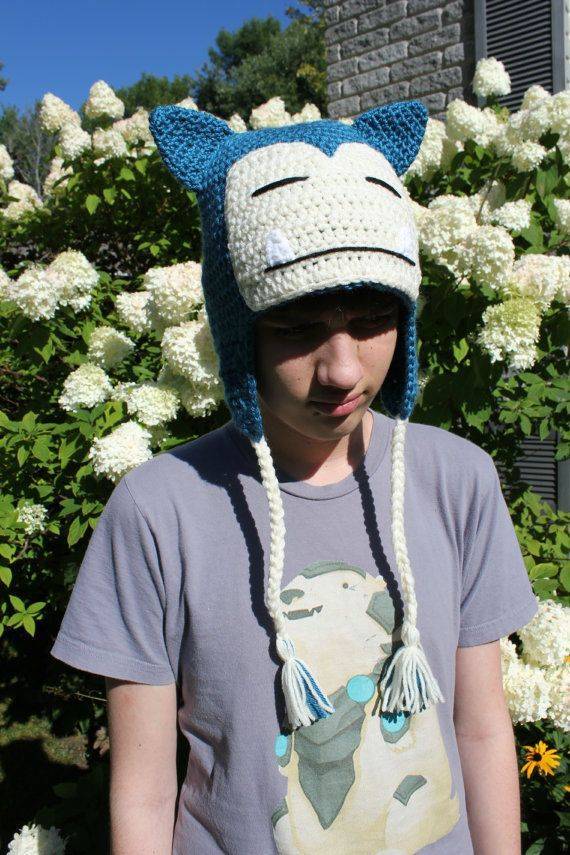 Crocheted Snorlax Pokemon Hat with Braided Ear Flaps