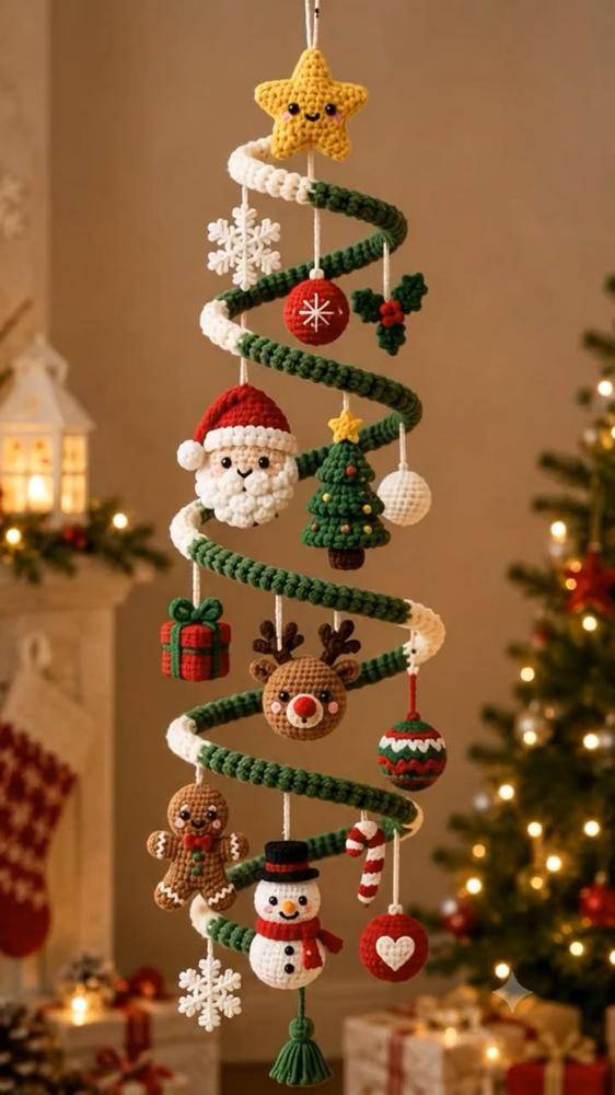 Crocheted Spiral Christmas Tree with Festive Ornaments