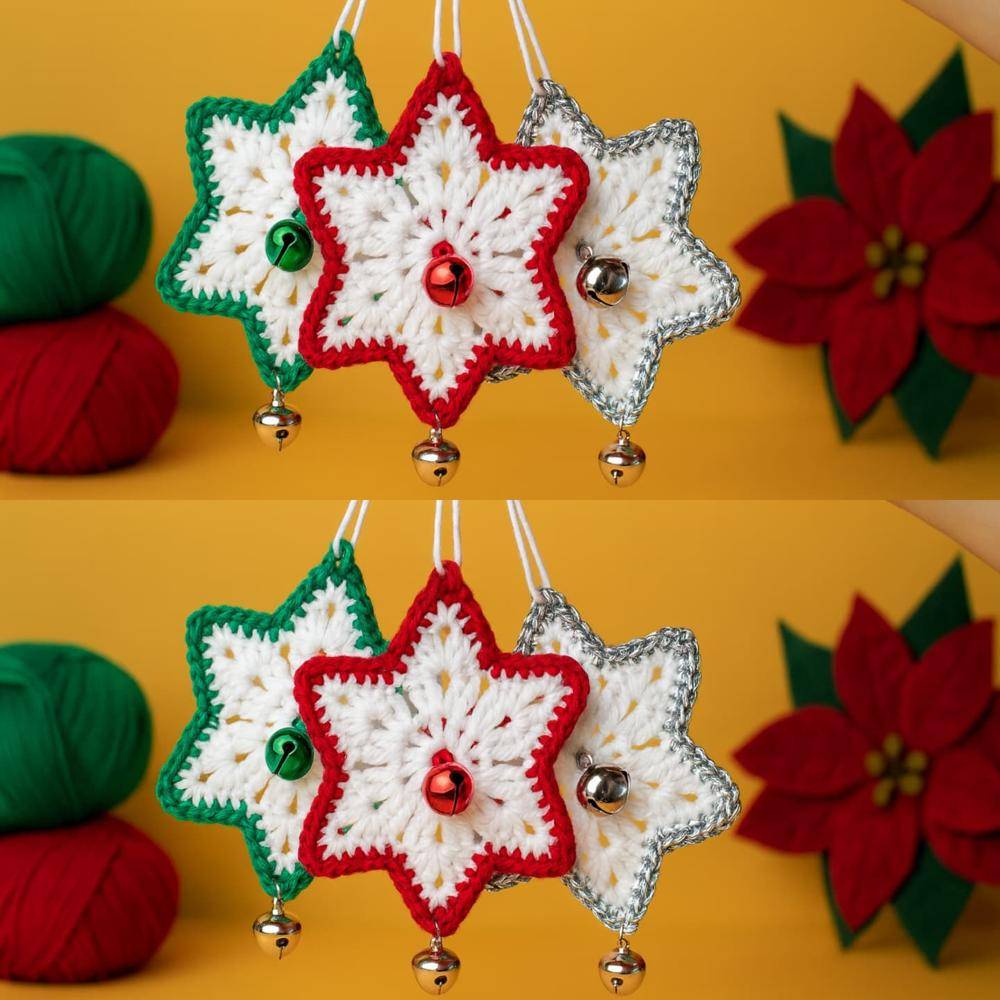 Crocheted Star Christmas Ornaments with Jingle Bells