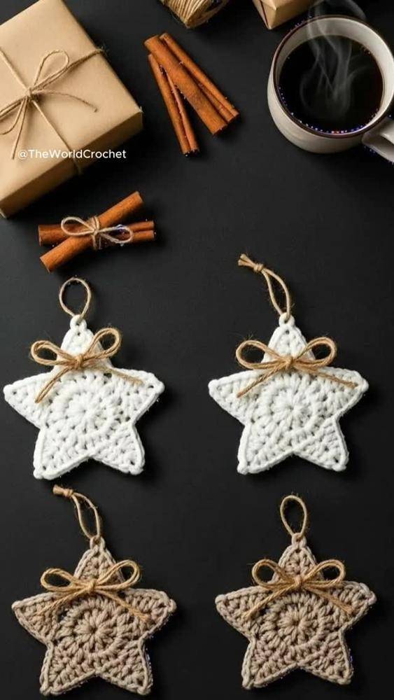 Crocheted Star Ornaments with Jute Bows