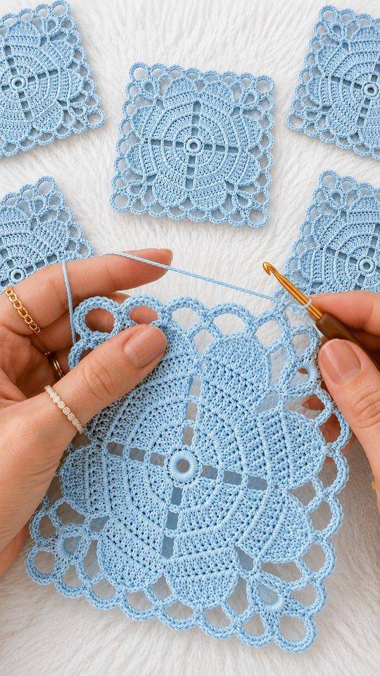 Delicate Blue Lace Granny Square Coasters