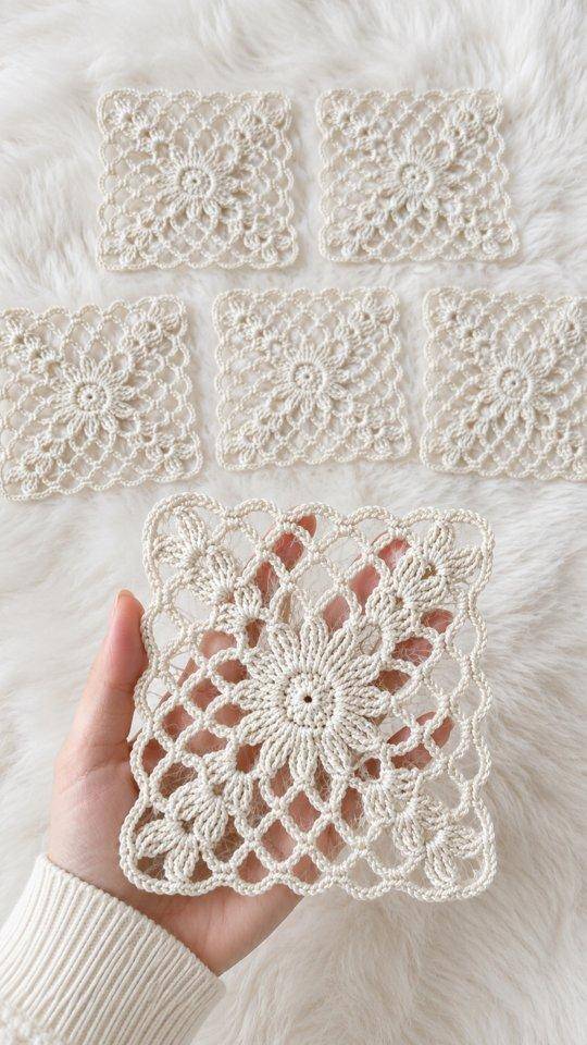 Delicate Lace Flower Granny Square Coasters