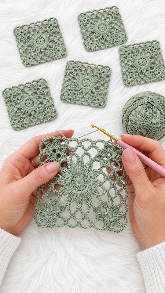 Delicate Sage Green Lace Crochet Squares