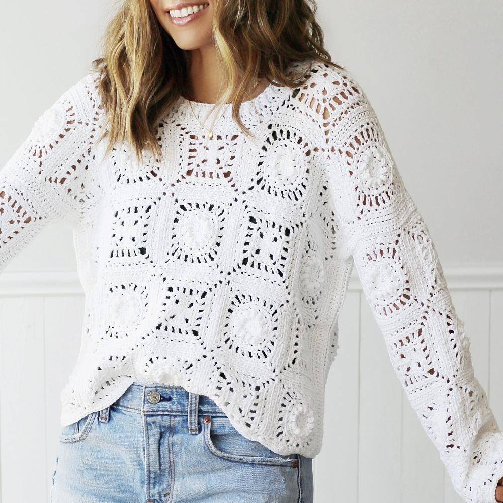 Elegant White Crochet Granny Square Sweater