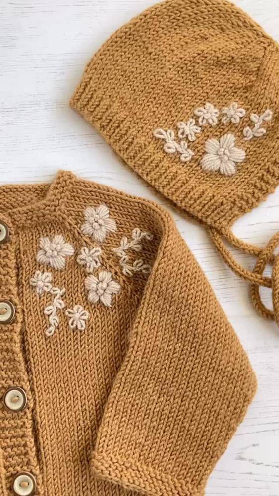 Embroidered Knit Baby Cardigan and Bonnet Set
