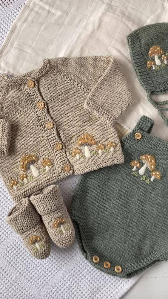 Enchanted Mushroom-Embroidered Knitted Baby Set