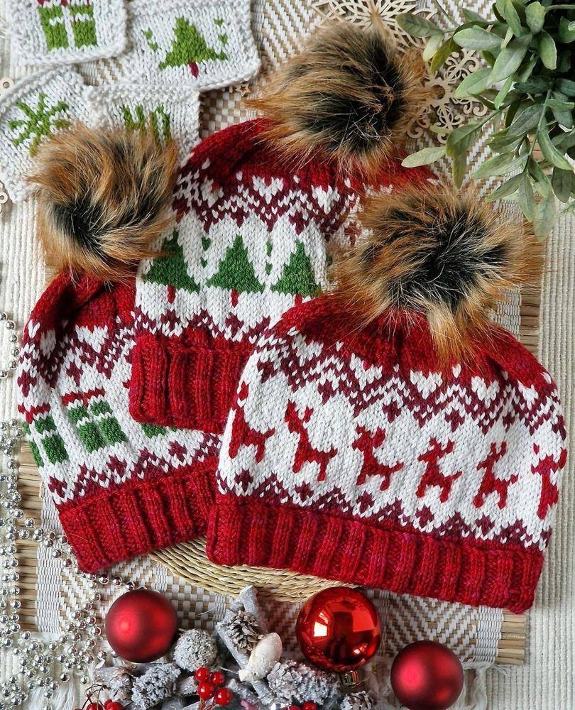 Fair Isle Christmas Hats with Pom-Poms