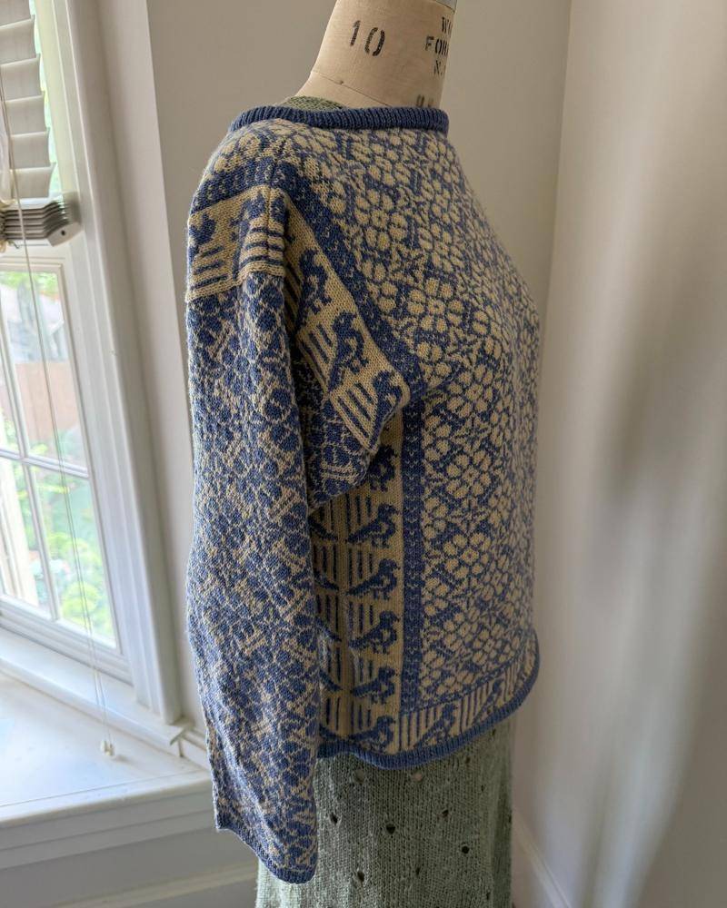 Fair Isle Knit Sweater with Bird and Floral Motifs