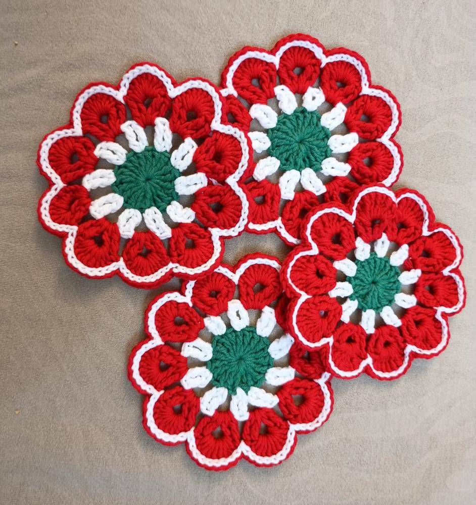 Festive Christmas Flower Crochet Coasters