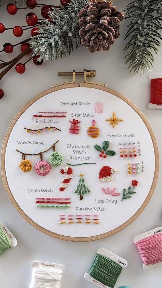 Festive Christmas Stitch Sampler Embroidery Hoop