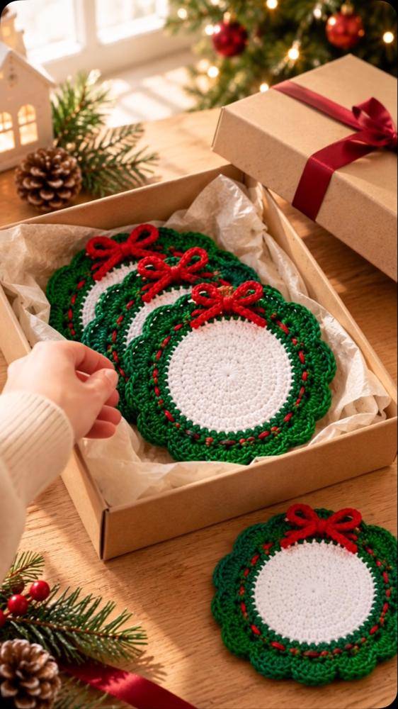 Festive Christmas Wreath Crochet Coasters