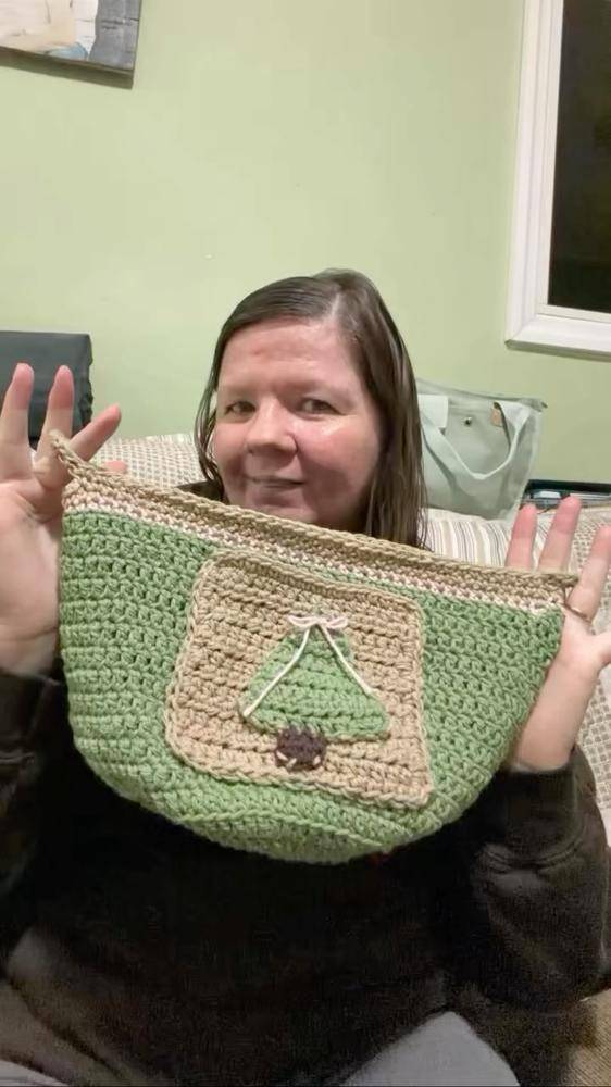 Festive Crochet Basket with Tree Appliqué