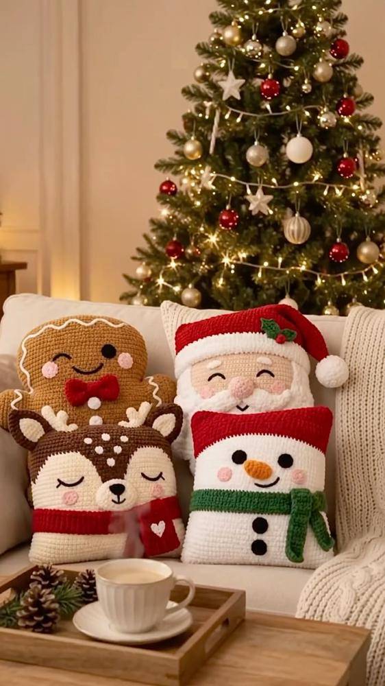 Festive Crochet Christmas Character Pillow Set