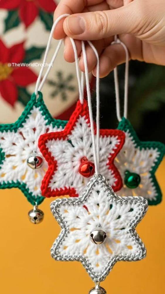 Festive Crochet Star Ornaments with Jingle Bells