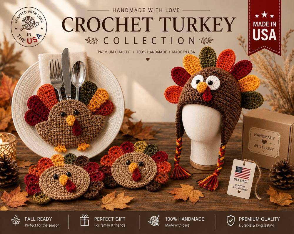 Festive Crochet Turkey Hat and Placemat Collection