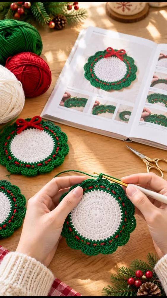 Festive Crochet Wreath Coaster Set