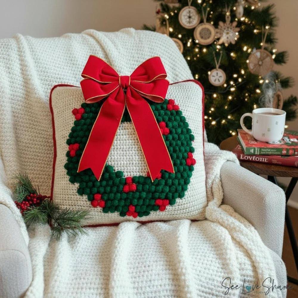 Festive Crochet Wreath Pillow with Bow Accent
