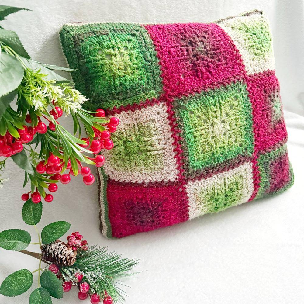 Festive Granny Square Crochet Christmas Pillow