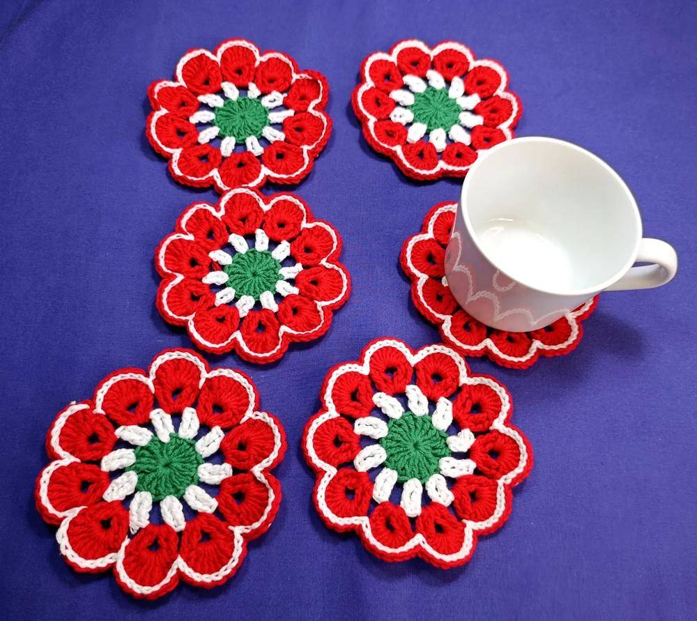 Festive Red, White, and Green Crochet Flower Coasters
