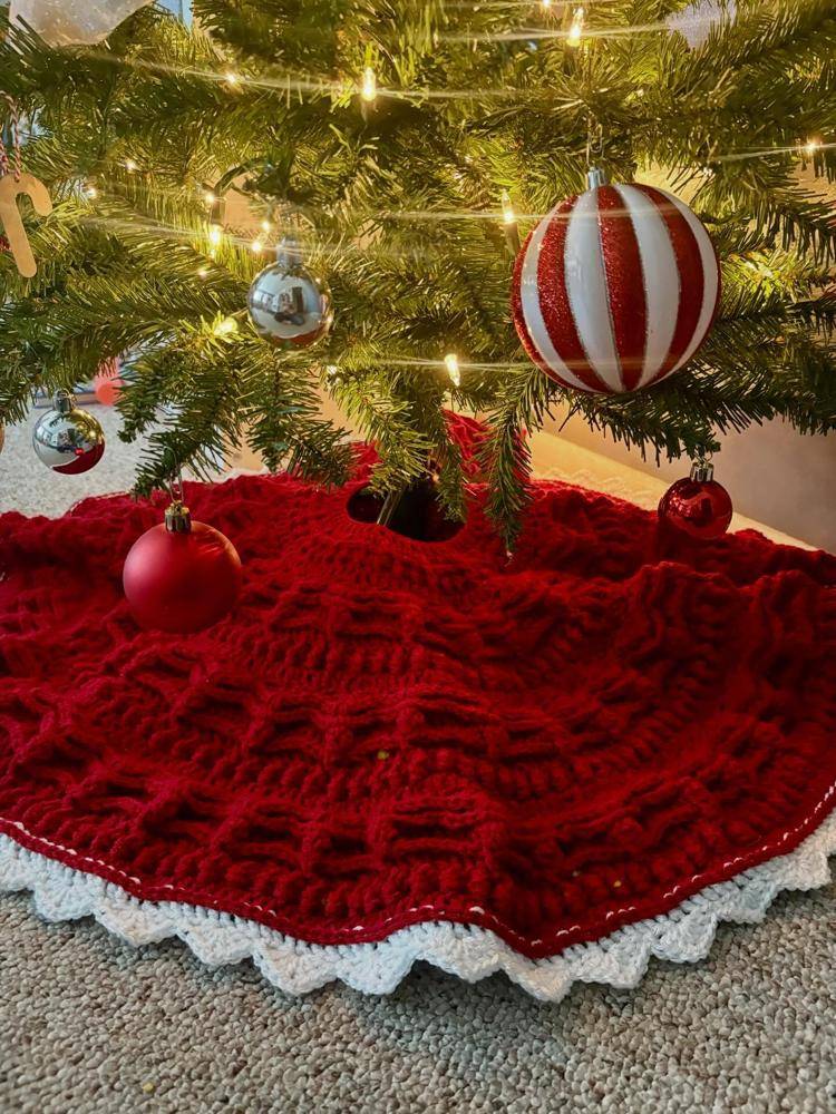Festive Red and White Crochet Christmas Tree Skirt