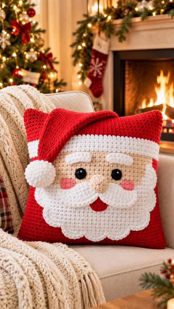 Festive Santa Claus Crochet Pillow
