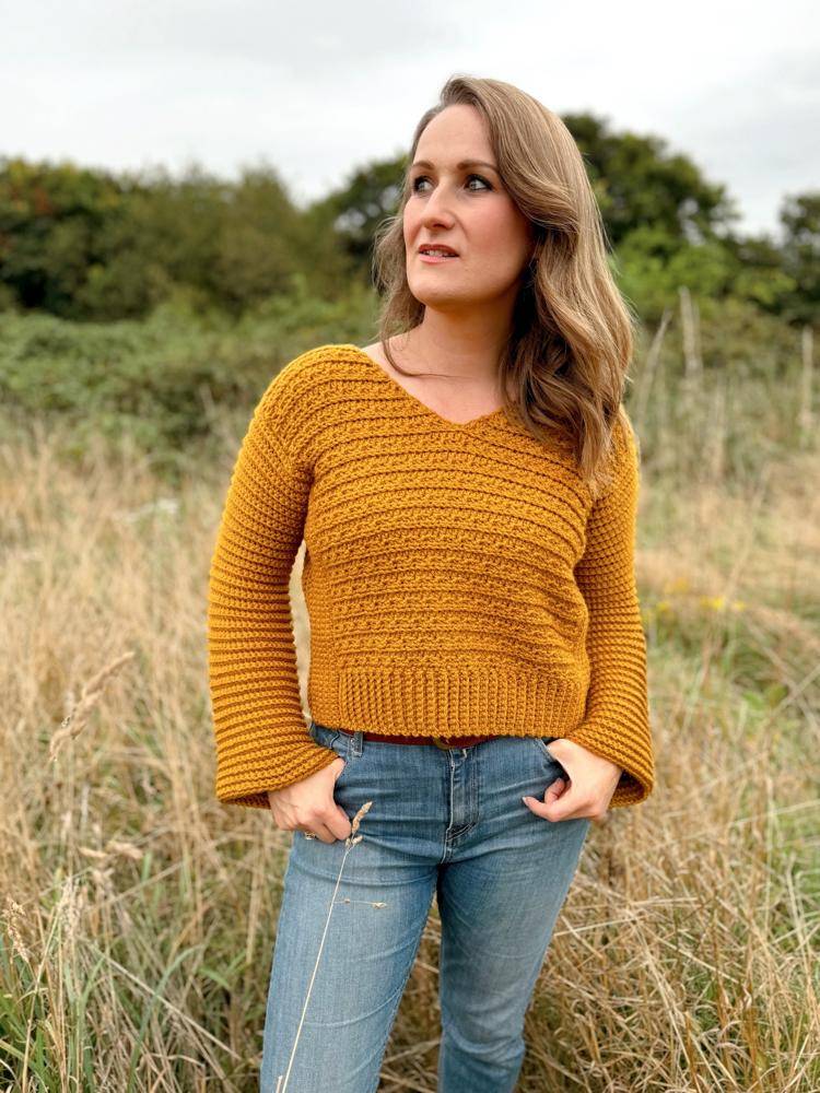 Golden Mustard V-Neck Crochet Sweater