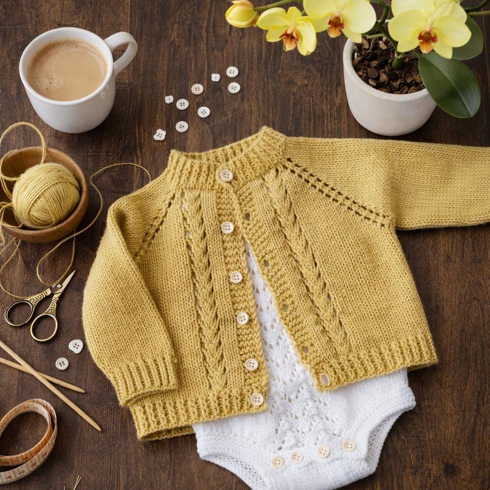 Golden Yellow Cable Knit Baby Cardigan Project