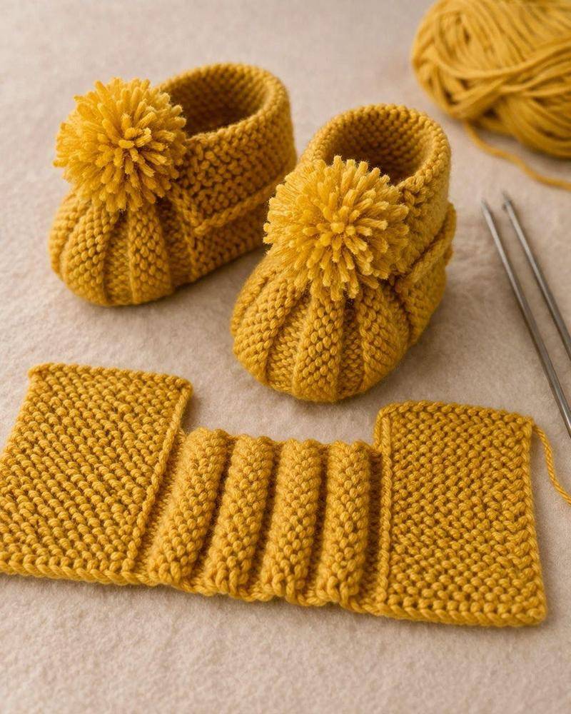 Golden Yellow Knitted Baby Booties with Pom-Poms