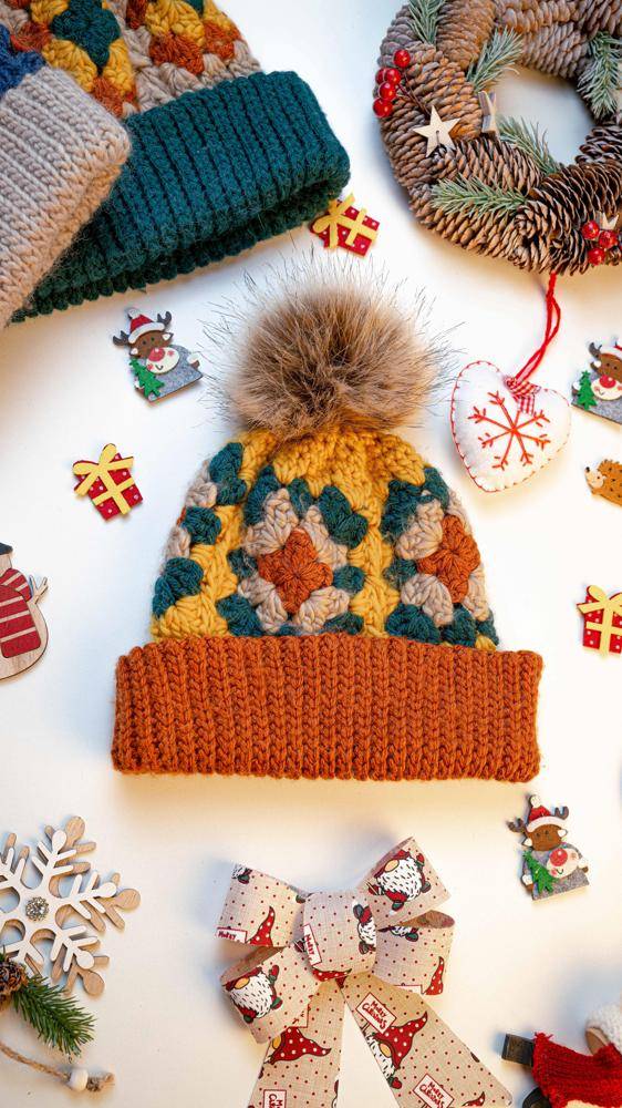 Granny Square Beanie with Faux Fur Pom Pom