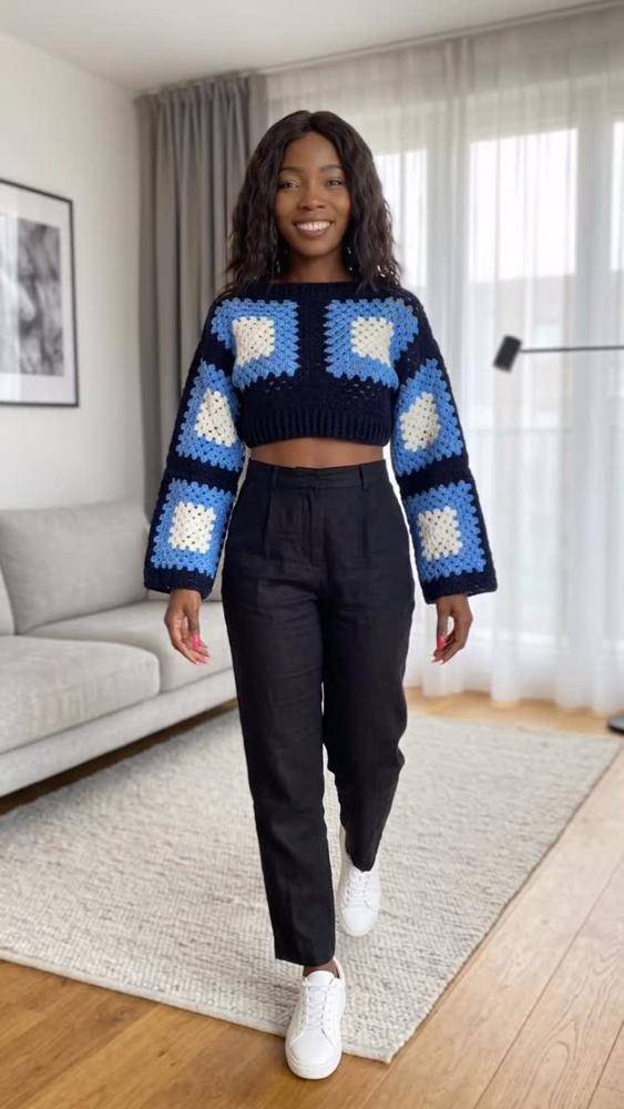 Granny Square Cropped Crochet Sweater