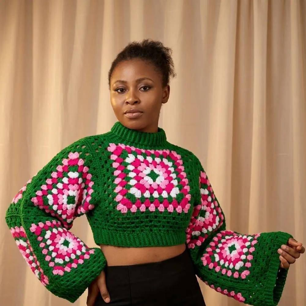 Granny Square Cropped Sweater with Bell Sleeves