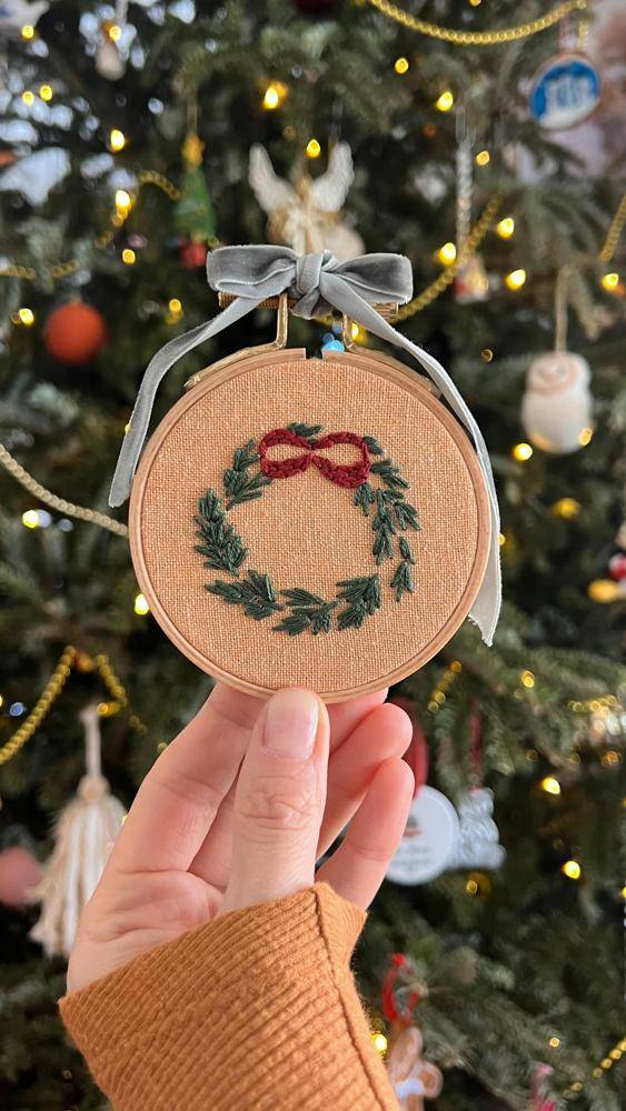 Hand-Embroidered Christmas Wreath Ornament