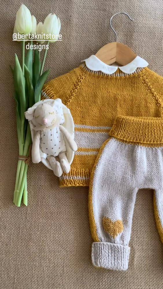 Hand-Knit Mustard Yellow Baby Sweater and Pants Set