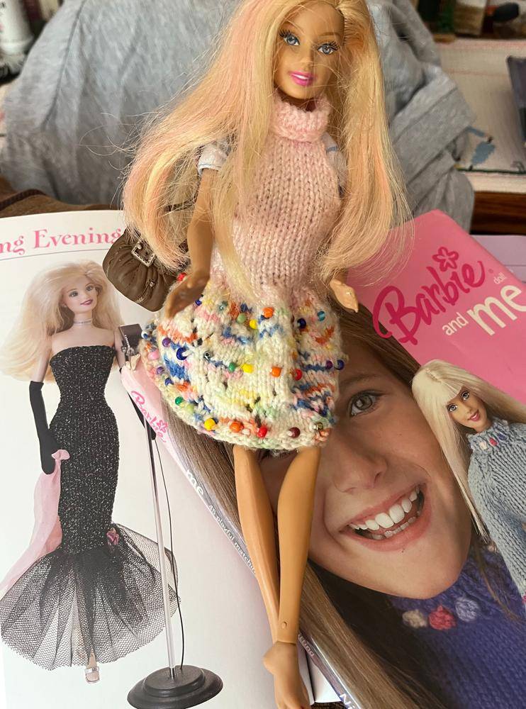 Hand-Knitted Barbie Dress with Beaded Skirt