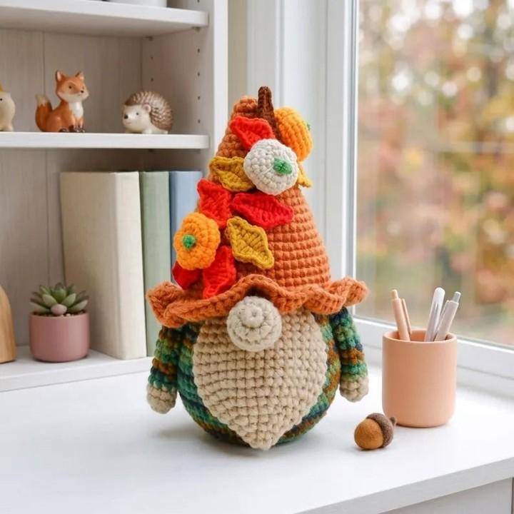 Harvest-Themed Crochet Gnome with Fall Accents
