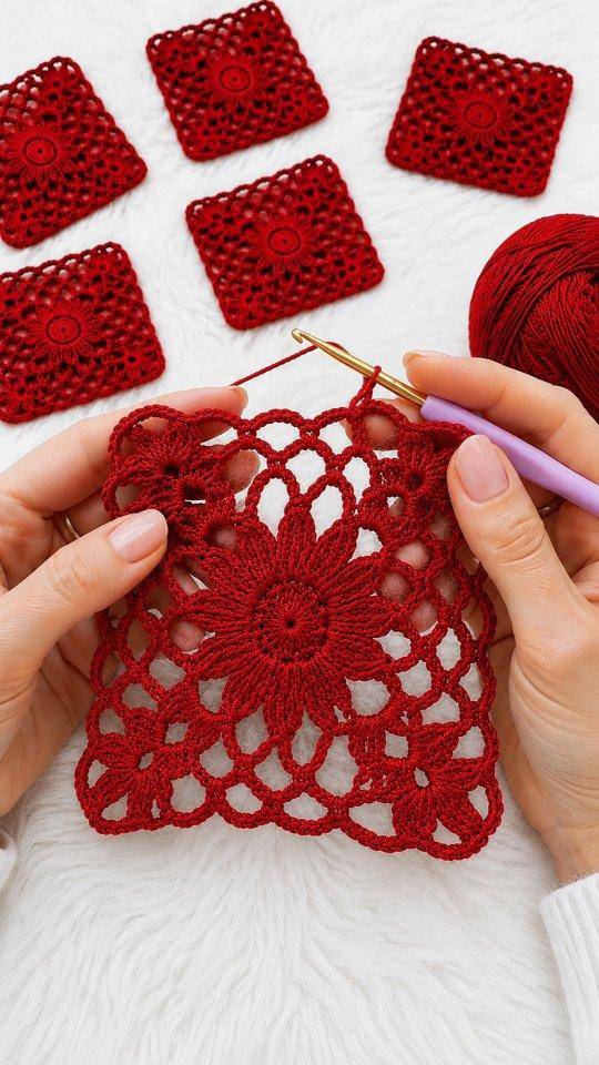 Intricate Red Floral Lace Granny Square Crochet