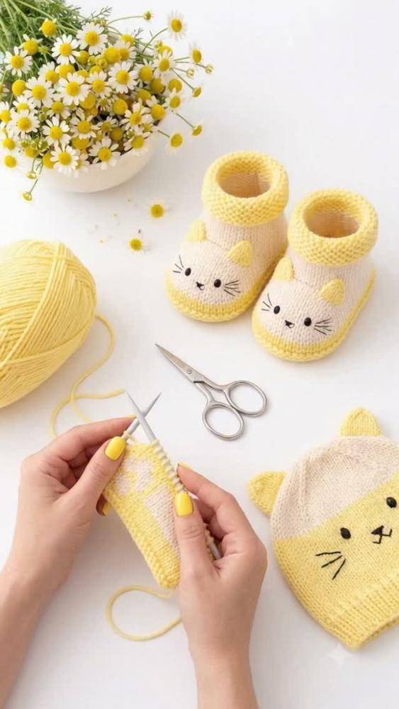 Knit Baby Booties with Adorable Cat Faces