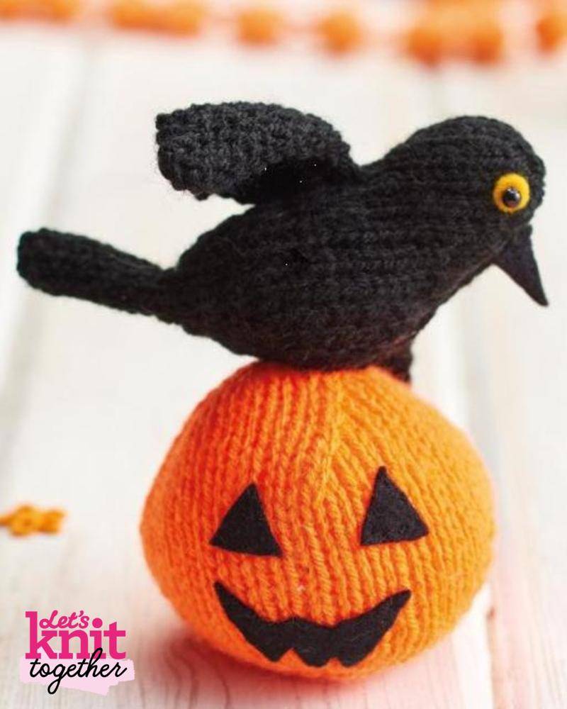 Knitted Pumpkin and Crow Halloween Decor