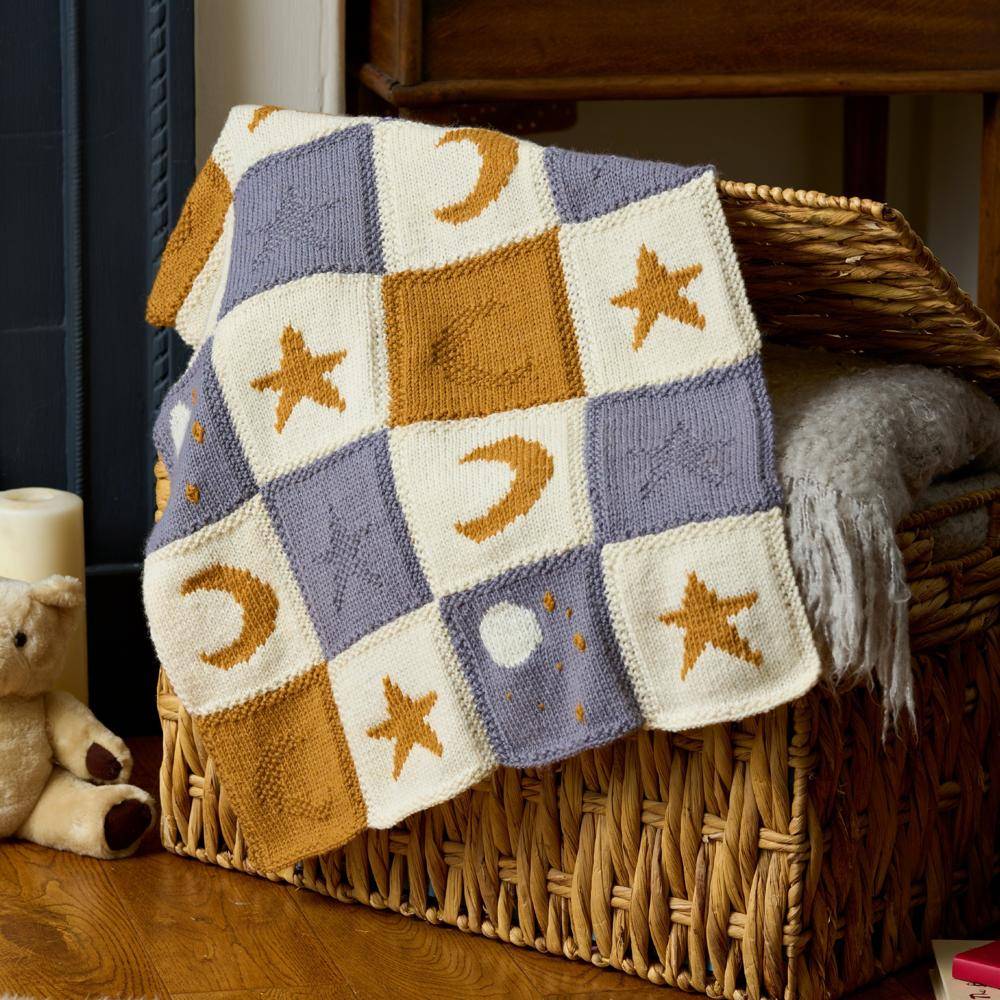 Knitted Star and Moon Square Baby Blanket