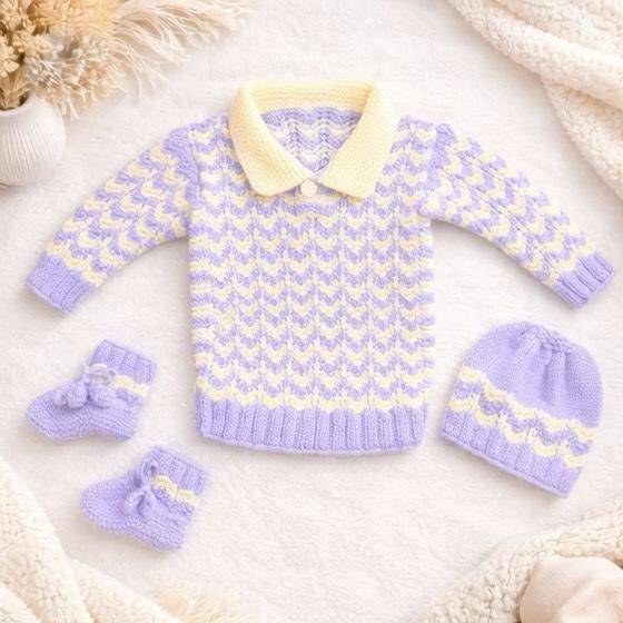Lavender and Cream Knit Baby Sweater, Hat, and Booties Set