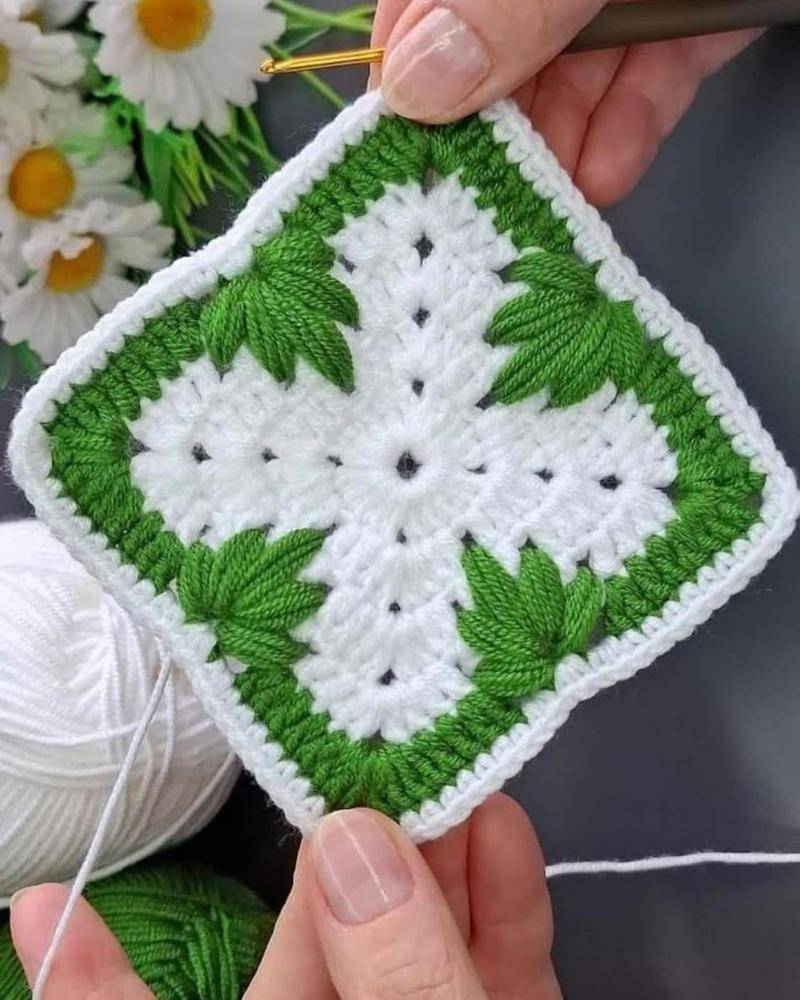 Leafy Green and White Crochet Granny Square