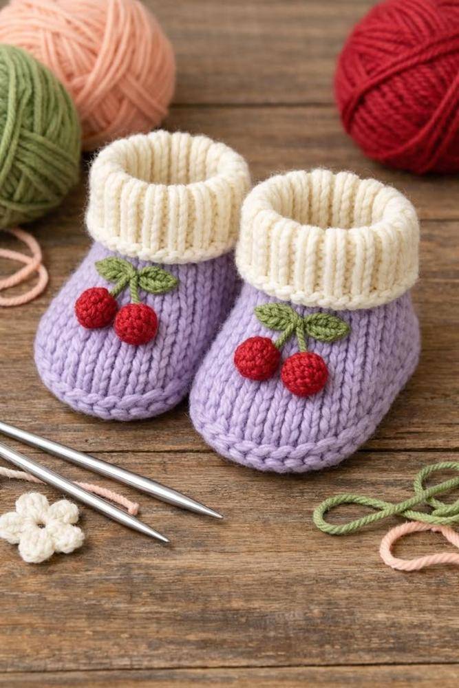 Lilac Knitted Baby Booties with Cherry Appliques