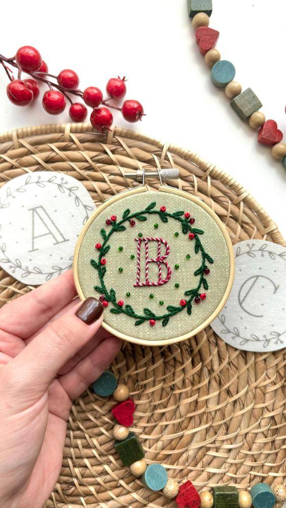 Monogrammed Holly Wreath Embroidery Hoop Art
