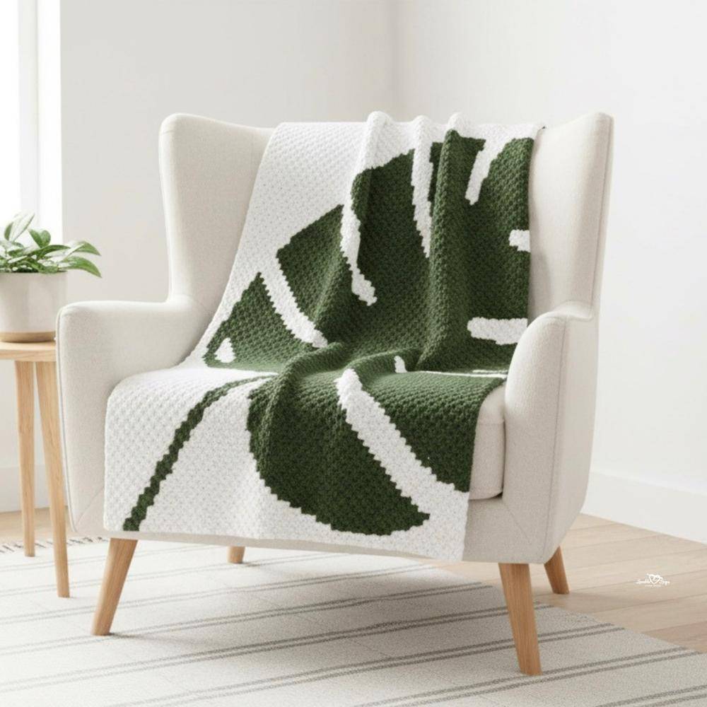 Monstera Leaf Corner-to-Corner Crochet Blanket