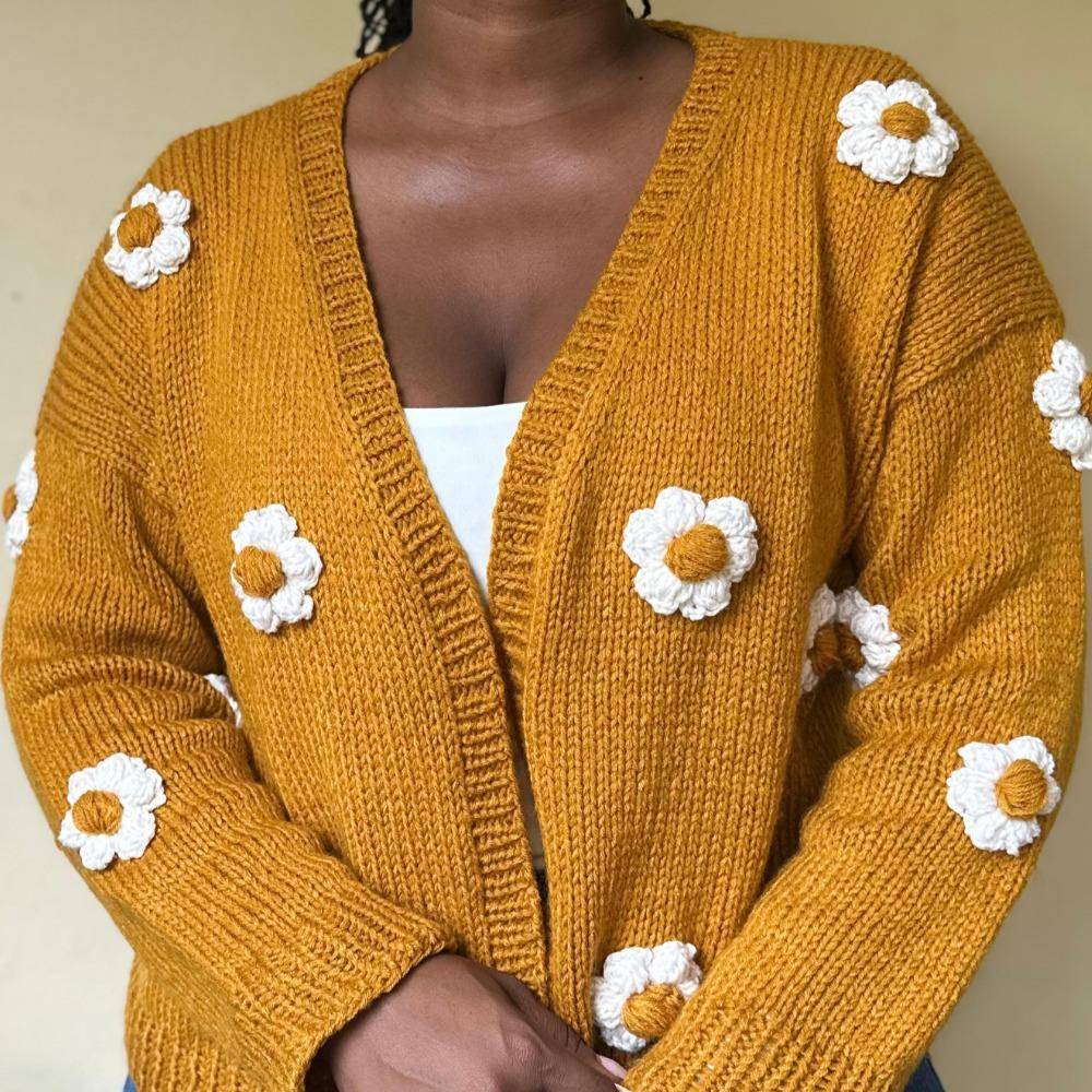 Mustard Yellow Knitted Cardigan with Daisy Appliqués