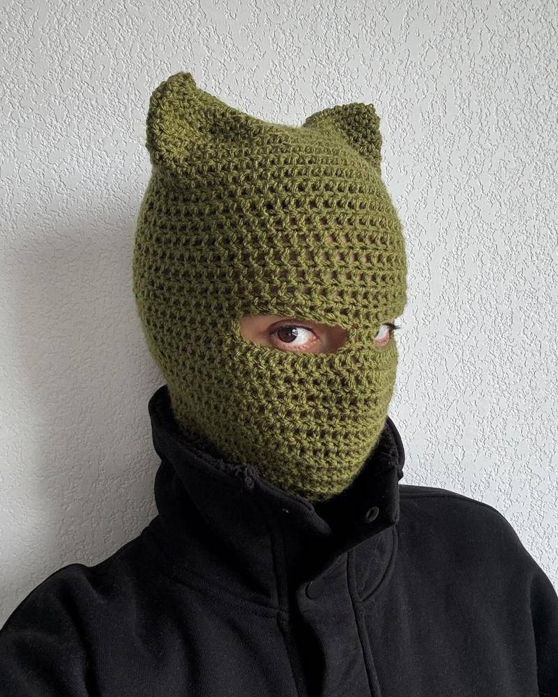 Olive Green Crochet Balaclava with Cat Ears