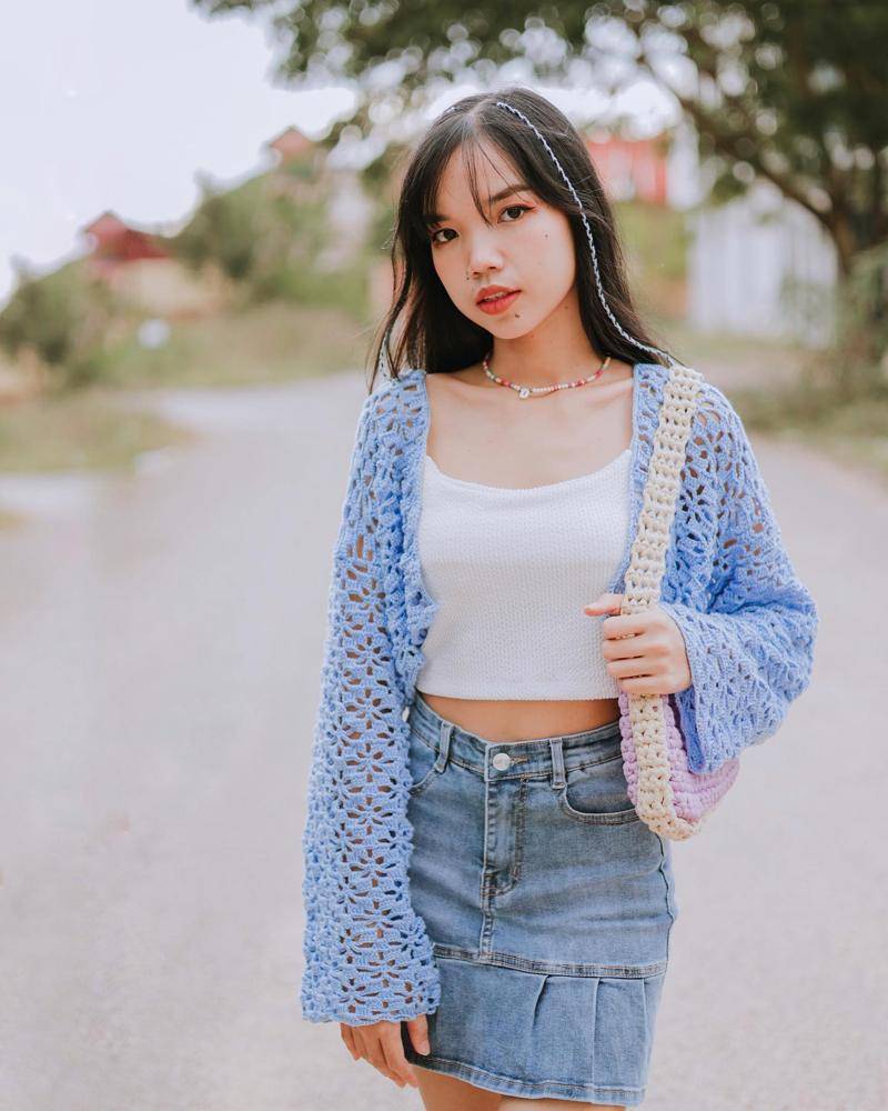 Openwork Blue Crochet Cropped Cardigan